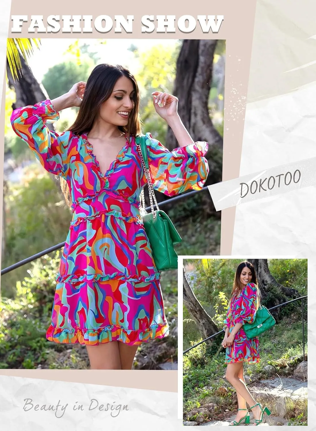 Dokotoo Womens 2025 Spring Summer Deep V Neck Long Sleeve Backless Ruffle Floral Flowy Mini Dress