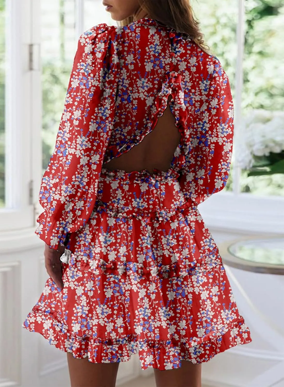 Dokotoo Womens 2025 Spring Summer Deep V Neck Long Sleeve Backless Ruffle Floral Flowy Mini Dress
