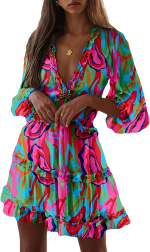 Dokotoo Womens 2025 Spring Summer Deep V Neck Long Sleeve Backless Ruffle Floral Flowy Mini Dress