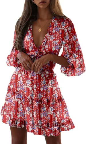 Dokotoo Womens 2025 Spring Summer Deep V Neck Long Sleeve Backless Ruffle Floral Flowy Mini Dress