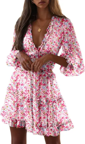 Dokotoo Womens 2025 Spring Summer Deep V Neck Long Sleeve Backless Ruffle Floral Flowy Mini Dress