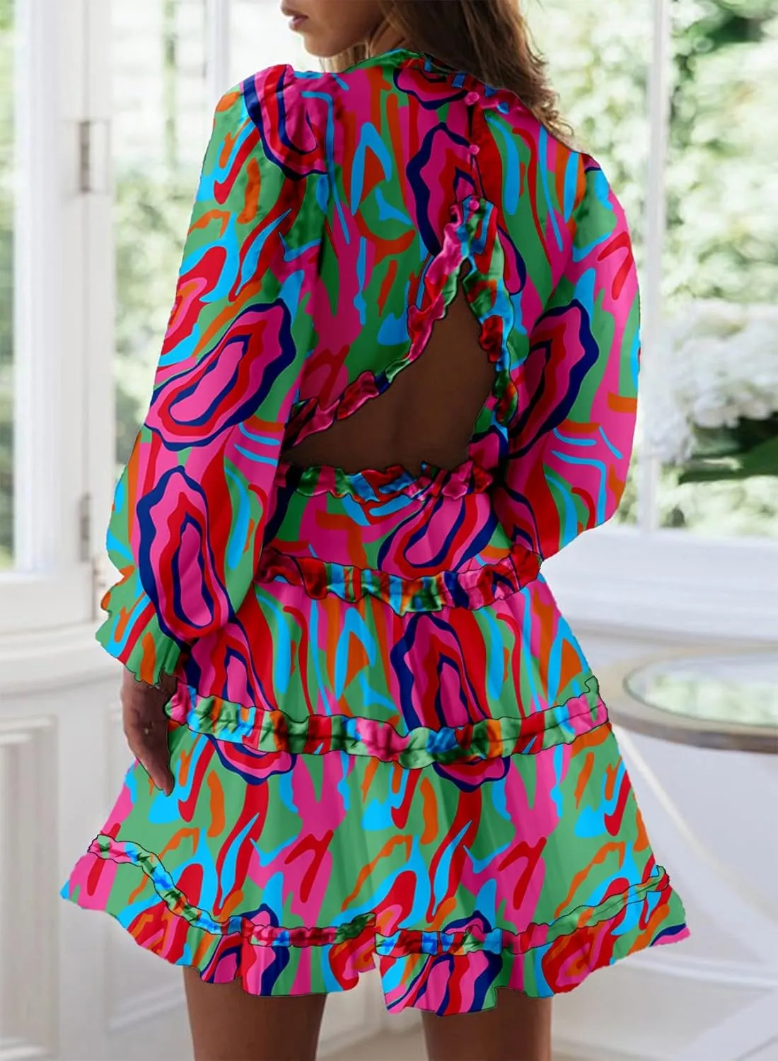 Dokotoo Womens 2025 Spring Summer Deep V Neck Long Sleeve Backless Ruffle Floral Flowy Mini Dress