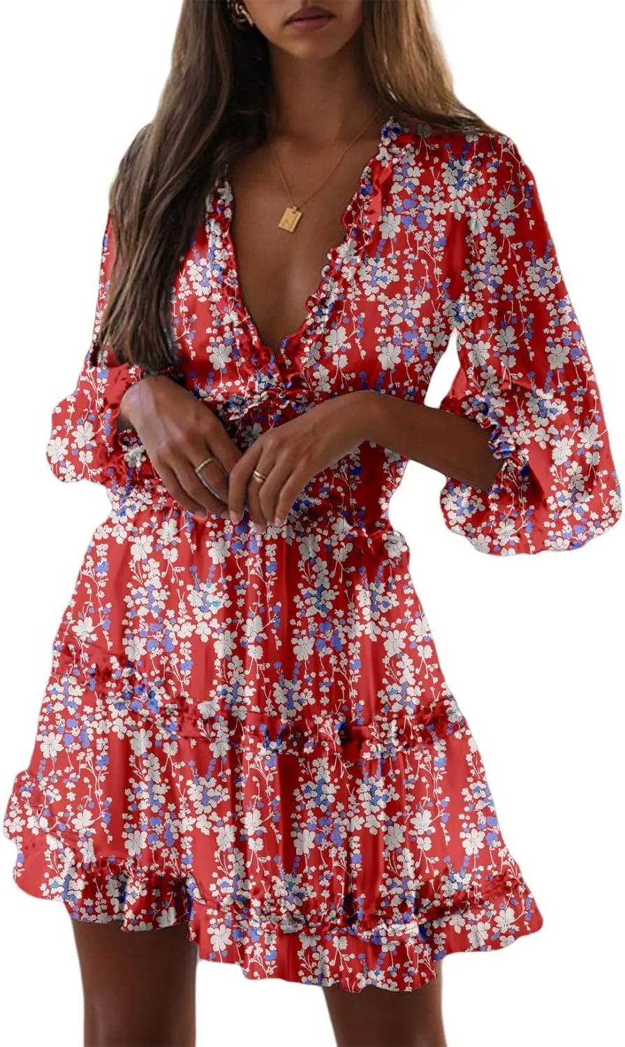Dokotoo Womens 2025 Spring Summer Deep V Neck Long Sleeve Backless Ruffle Floral Flowy Mini Dress