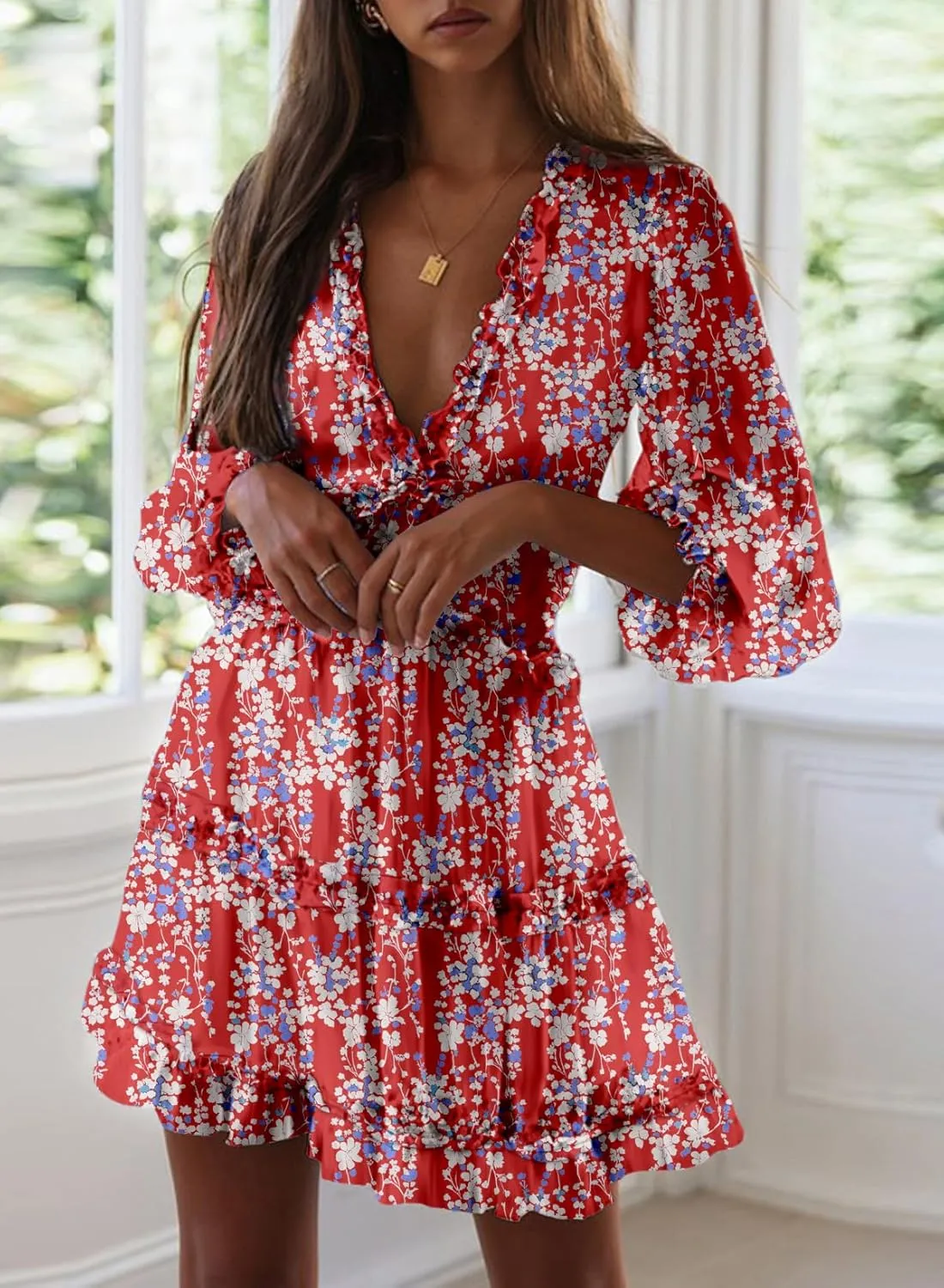 Dokotoo Womens 2025 Spring Summer Deep V Neck Long Sleeve Backless Ruffle Floral Flowy Mini Dress