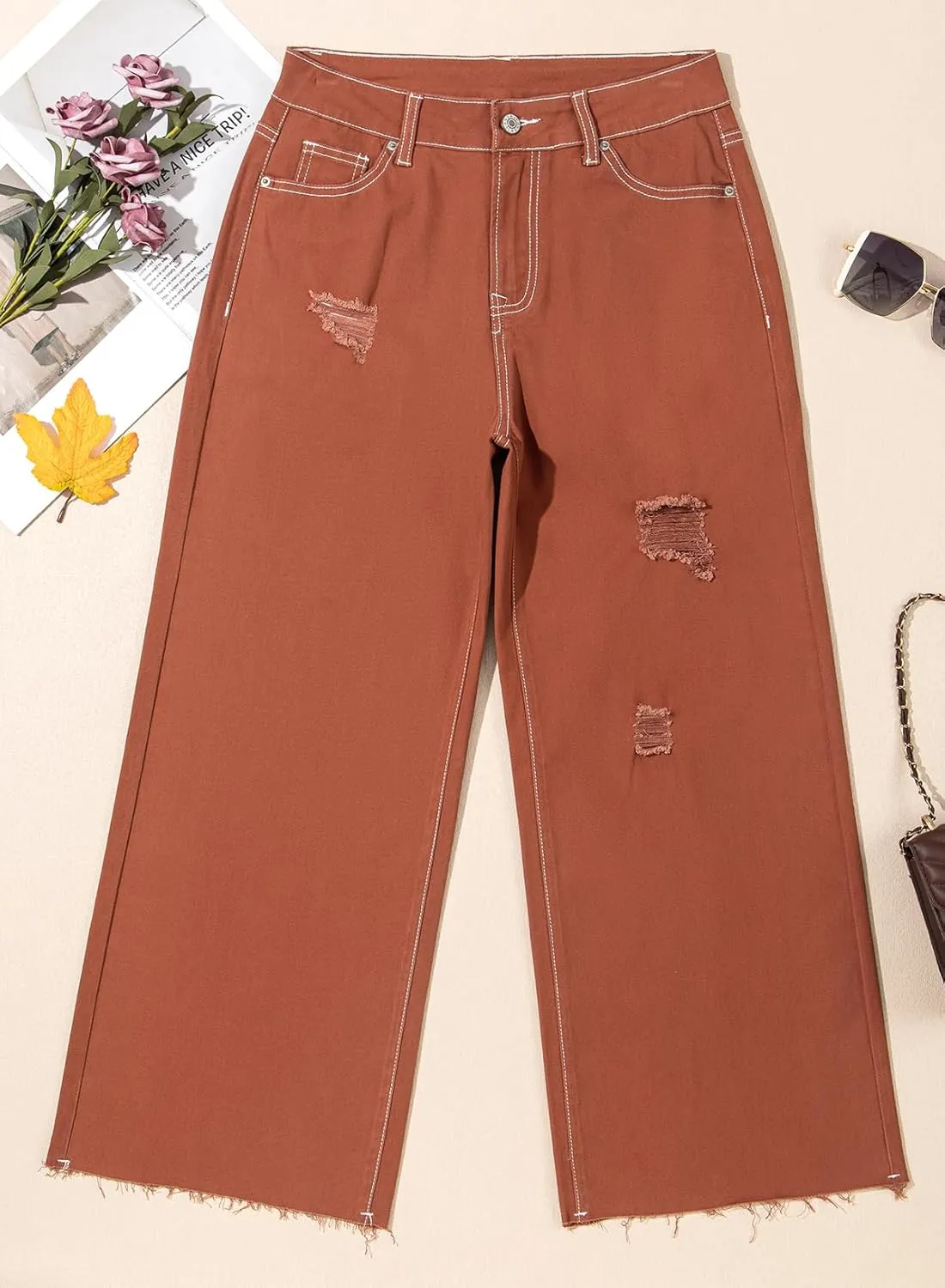 Dokotoo Womens High Waist Baggy Jeans Wide Leg Casual Petite 2025 8 Points Length Stretch Denim Pants