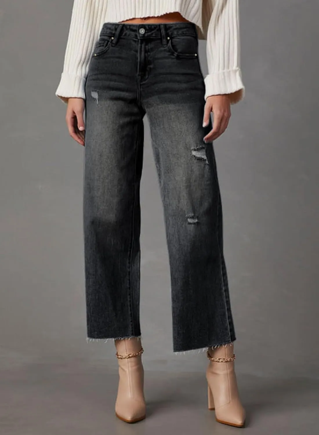 Dokotoo Womens High Waist Baggy Jeans Wide Leg Casual Petite 2025 8 Points Length Stretch Denim Pants