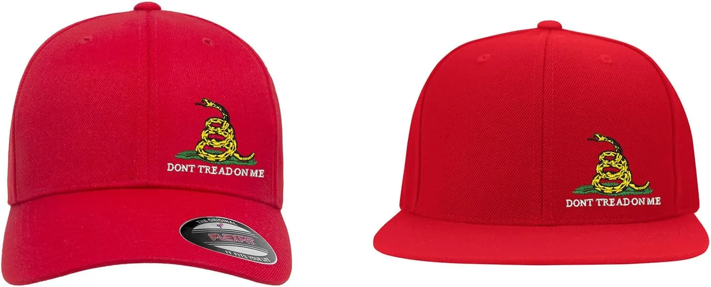 Don't Tread On Me Snake Side Logo Embroidered Flexfit Fitted Ball Cap Political Black Grey Navy Olive Curved or Flat Brim
