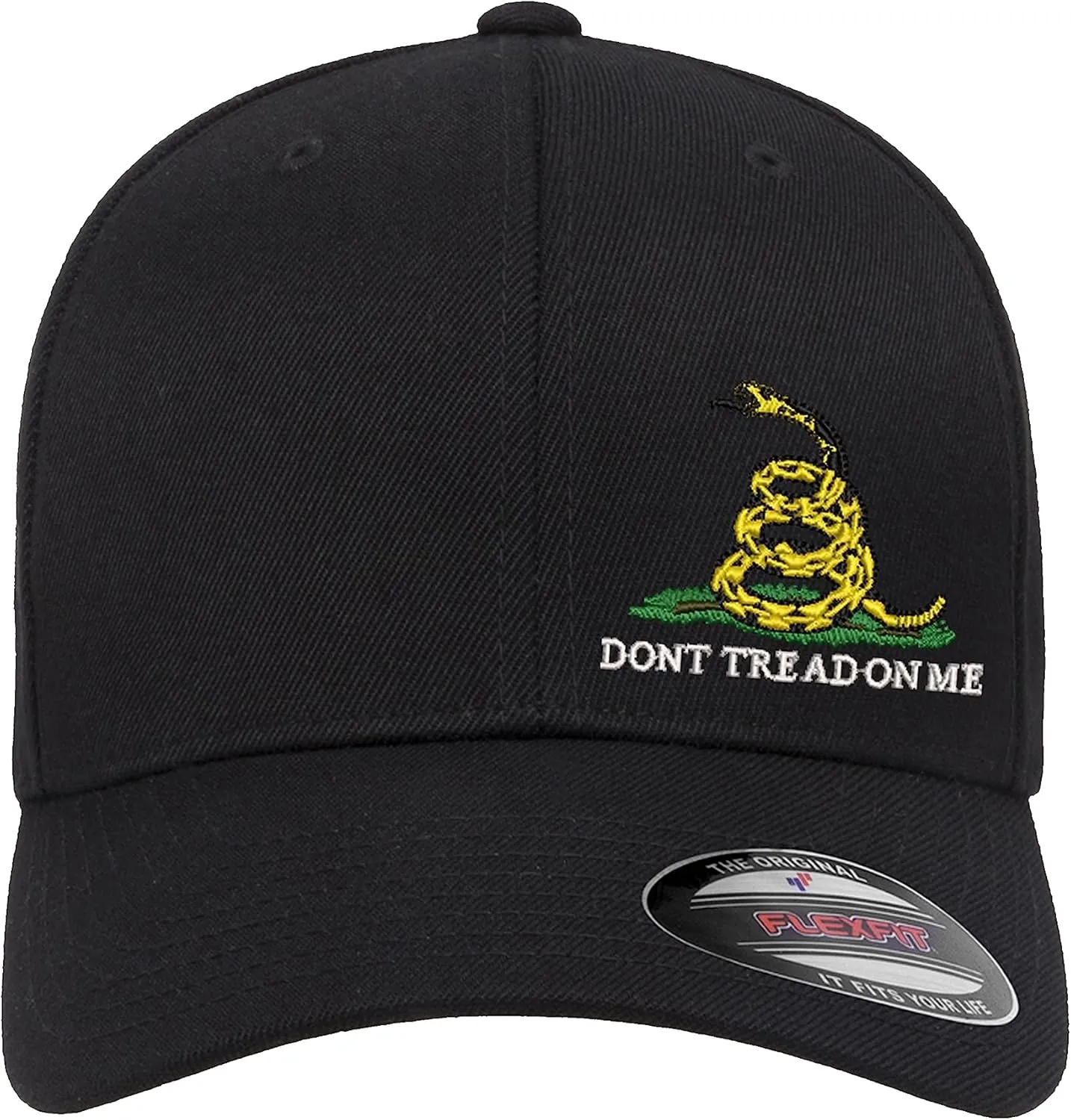 Don't Tread On Me Snake Side Logo Embroidered Flexfit Fitted Ball Cap Political Black Grey Navy Olive Curved or Flat Brim