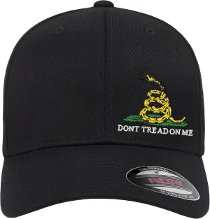 Don't Tread On Me Snake Side Logo Embroidered Flexfit Fitted Ball Cap Political Black Grey Navy Olive Curved or Flat Brim