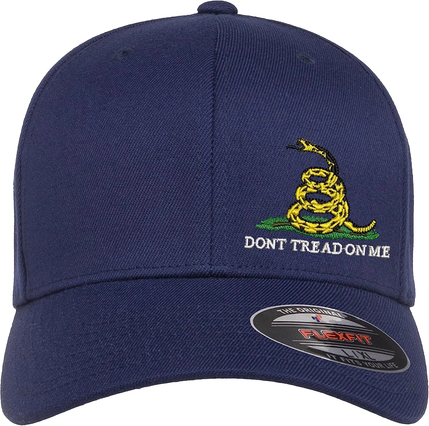 Don't Tread On Me Snake Side Logo Embroidered Flexfit Fitted Ball Cap Political Black Grey Navy Olive Curved or Flat Brim