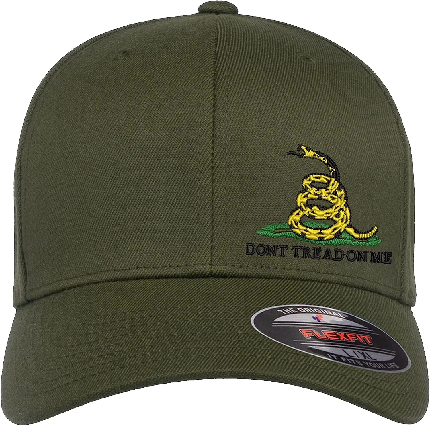 Don't Tread On Me Snake Side Logo Embroidered Flexfit Fitted Ball Cap Political Black Grey Navy Olive Curved or Flat Brim