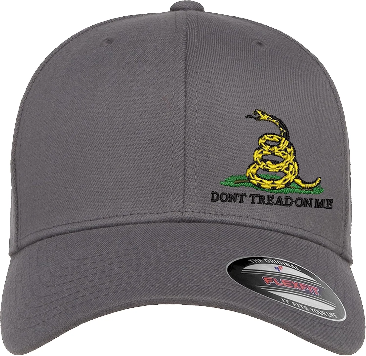 Don't Tread On Me Snake Side Logo Embroidered Flexfit Fitted Ball Cap Political Black Grey Navy Olive Curved or Flat Brim