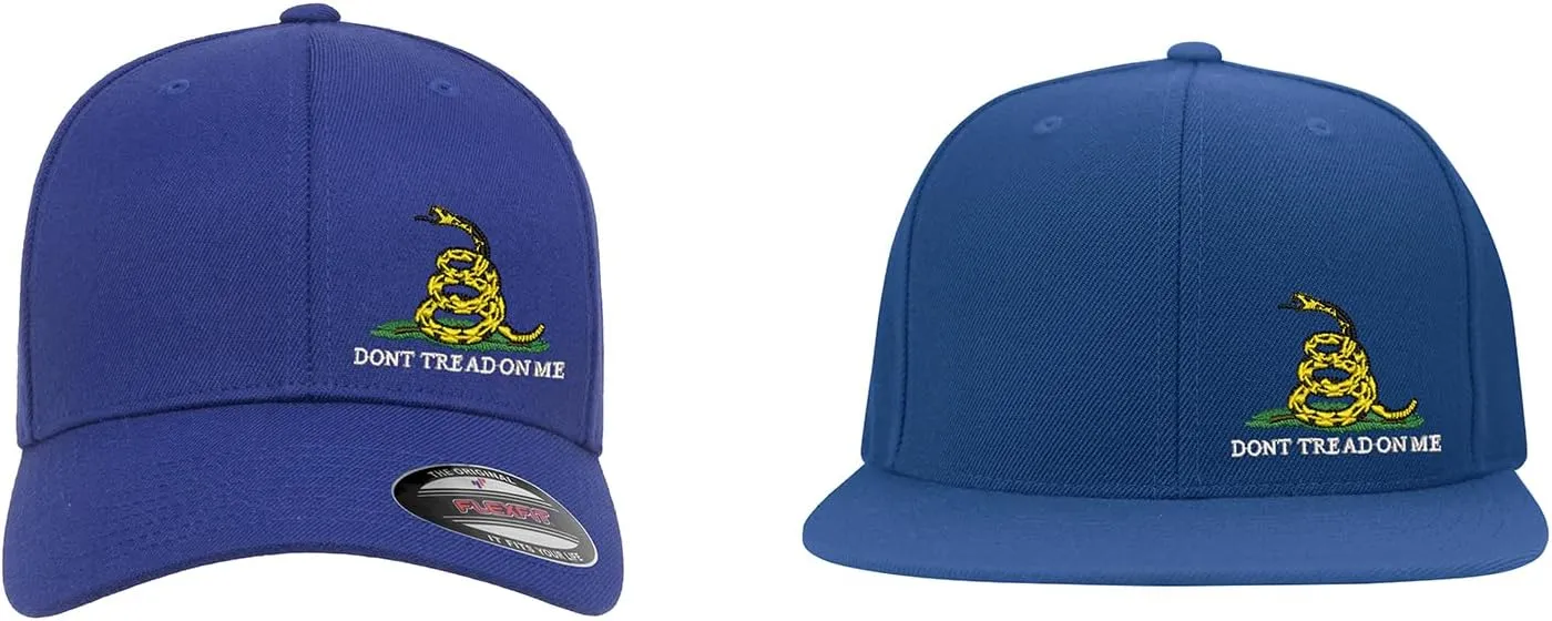 Don't Tread On Me Snake Side Logo Embroidered Flexfit Fitted Ball Cap Political Black Grey Navy Olive Curved or Flat Brim