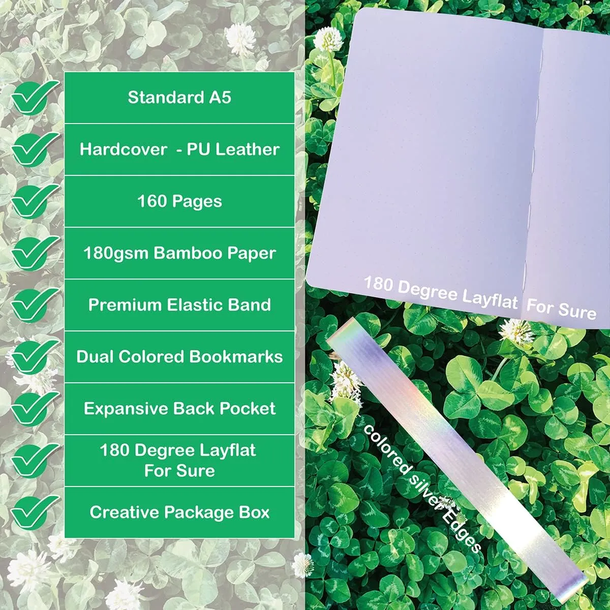 Dotted Notebook Journal 180GSM Bamboo Thick White Paper 160 Pages 5 * 5MM Dot Grid, Lay Flat Binding,Colored Silver Edges, Bookmarks and Expandable Back Pocket (BKP-5)
