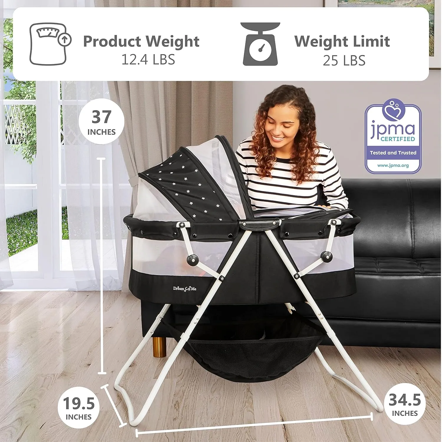 Dream On Me Karley Bassinet in Onyx, Lightweight Portable Baby Bassinet, Quick Fold and Easy to Carry , Adjustable Double Canopy, Indoor and Outdoor Bassinet with Large Storage Basket.