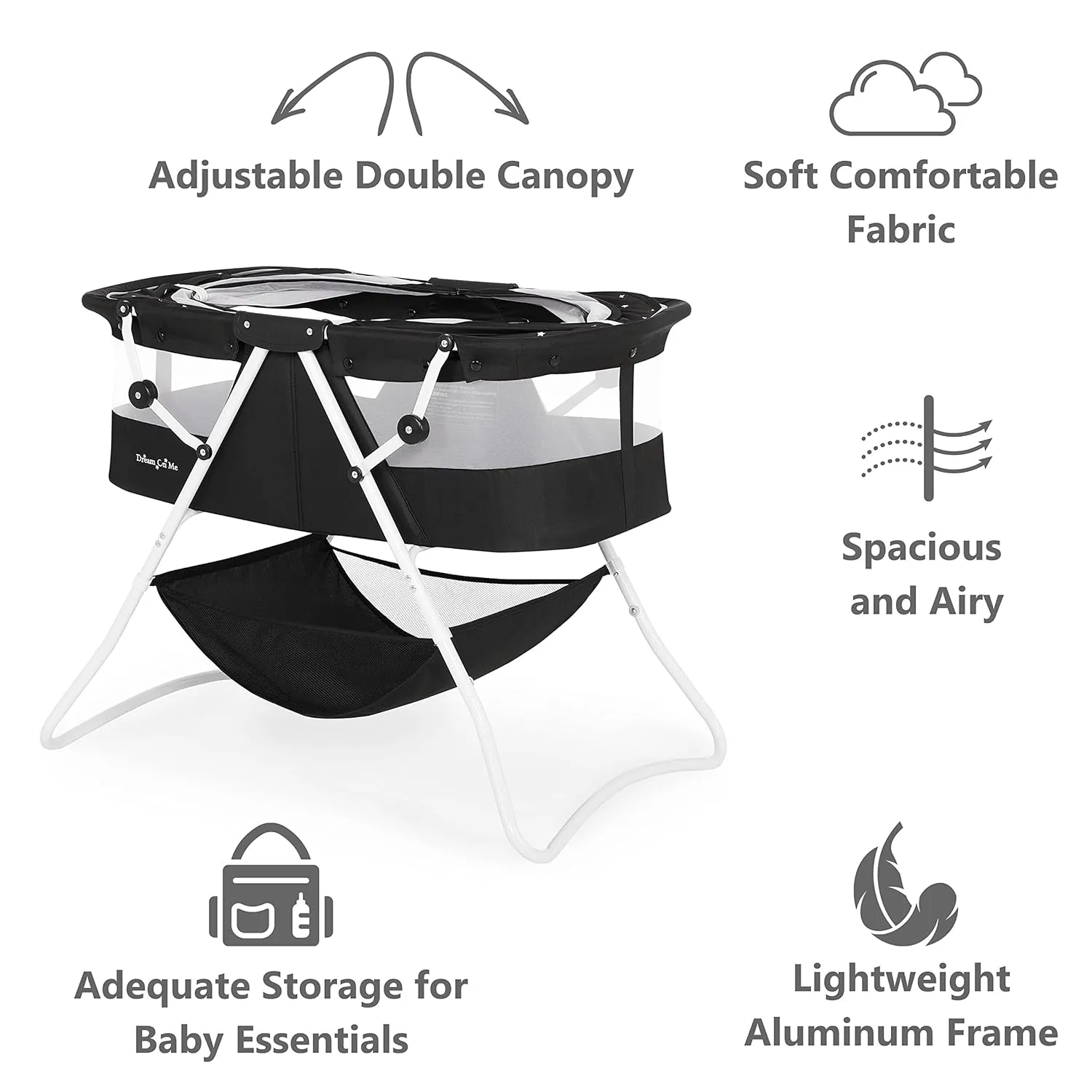Dream On Me Karley Bassinet in Onyx, Lightweight Portable Baby Bassinet, Quick Fold and Easy to Carry , Adjustable Double Canopy, Indoor and Outdoor Bassinet with Large Storage Basket.