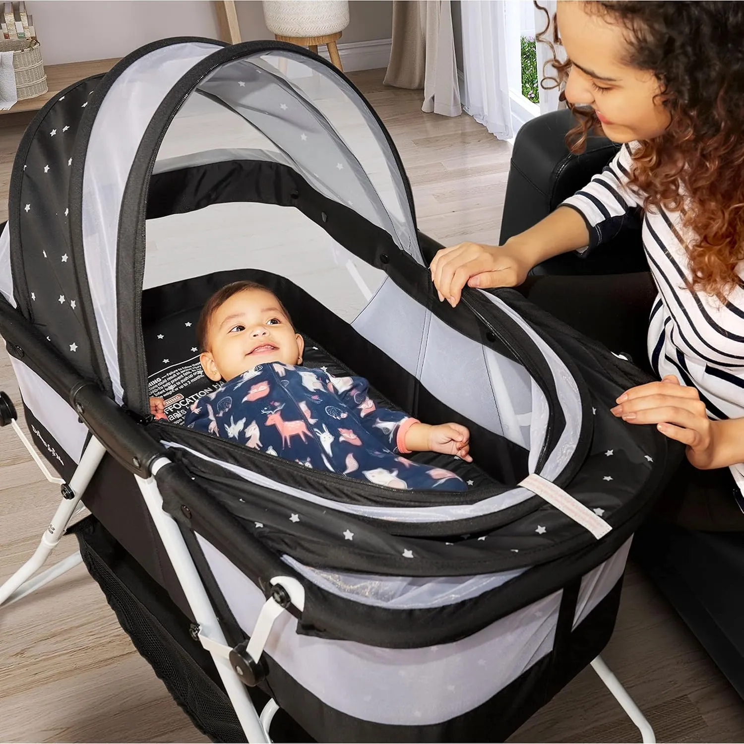 Dream On Me Karley Bassinet in Onyx, Lightweight Portable Baby Bassinet, Quick Fold and Easy to Carry , Adjustable Double Canopy, Indoor and Outdoor Bassinet with Large Storage Basket.