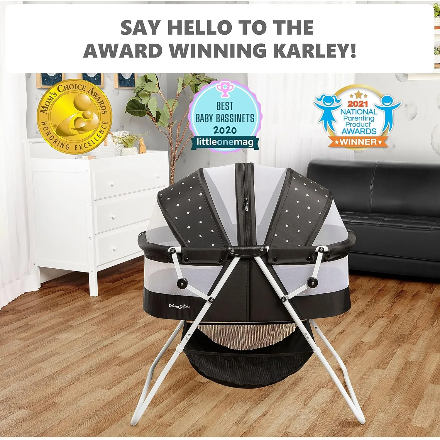 Dream On Me Karley Bassinet in Onyx, Lightweight Portable Baby Bassinet, Quick Fold and Easy to Carry , Adjustable Double Canopy, Indoor and Outdoor Bassinet with Large Storage Basket.