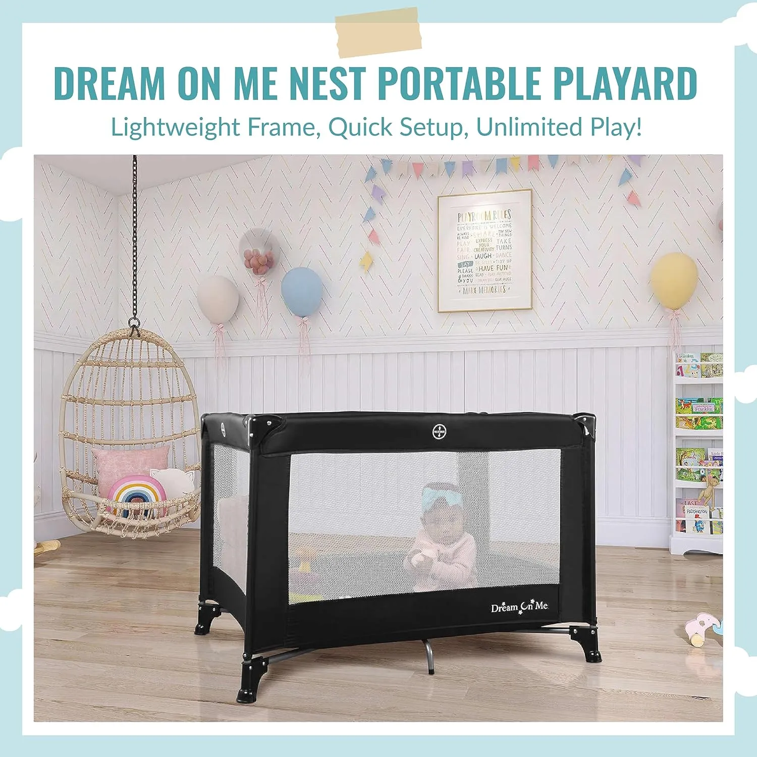 Dream On Me Nest Portable Playard in Black with Carrybag an Shoulder Strap, Lightweight, Packable and Easy Setup Baby Playard, Breathable Mesh Sides and Soft Fabric - Comes with a Removable Padded Mat