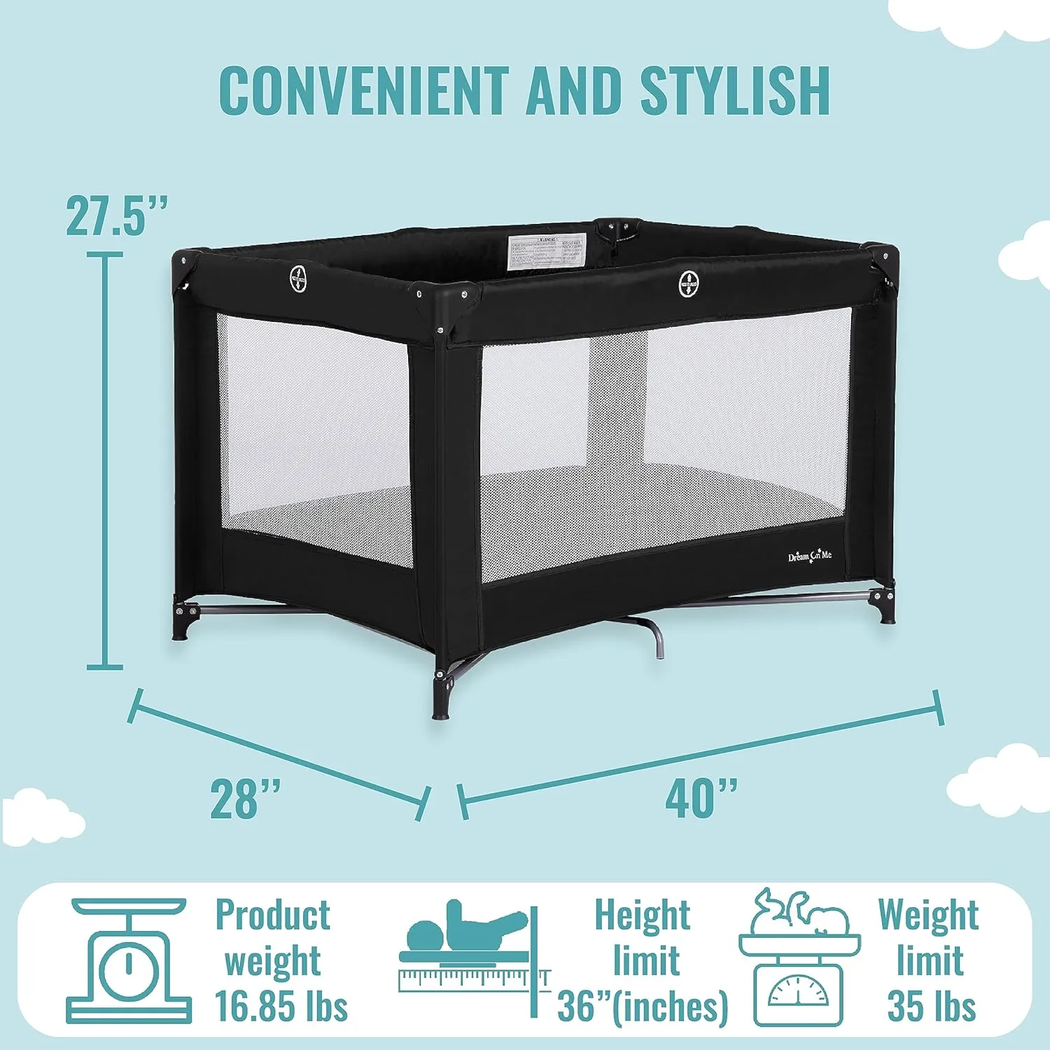 Dream On Me Nest Portable Playard in Black with Carrybag an Shoulder Strap, Lightweight, Packable and Easy Setup Baby Playard, Breathable Mesh Sides and Soft Fabric - Comes with a Removable Padded Mat