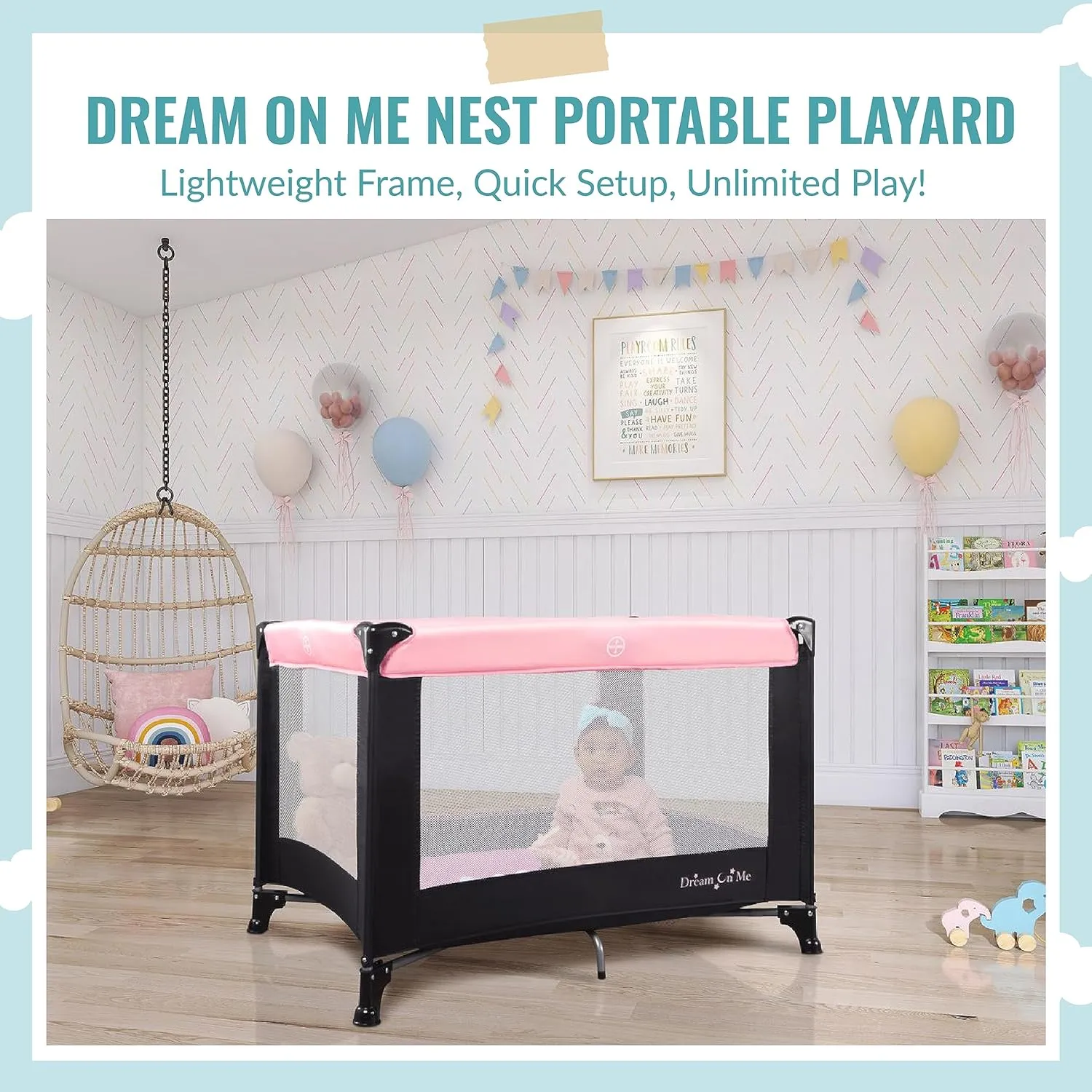 Dream On Me Nest Portable Playard in Pink with Carrybag an Shoulder Strap, Lightweight, Packable and Easy Setup Baby Playard, Breathable Mesh Sides and Soft Fabric - Comes with a Removable Padded Mat
