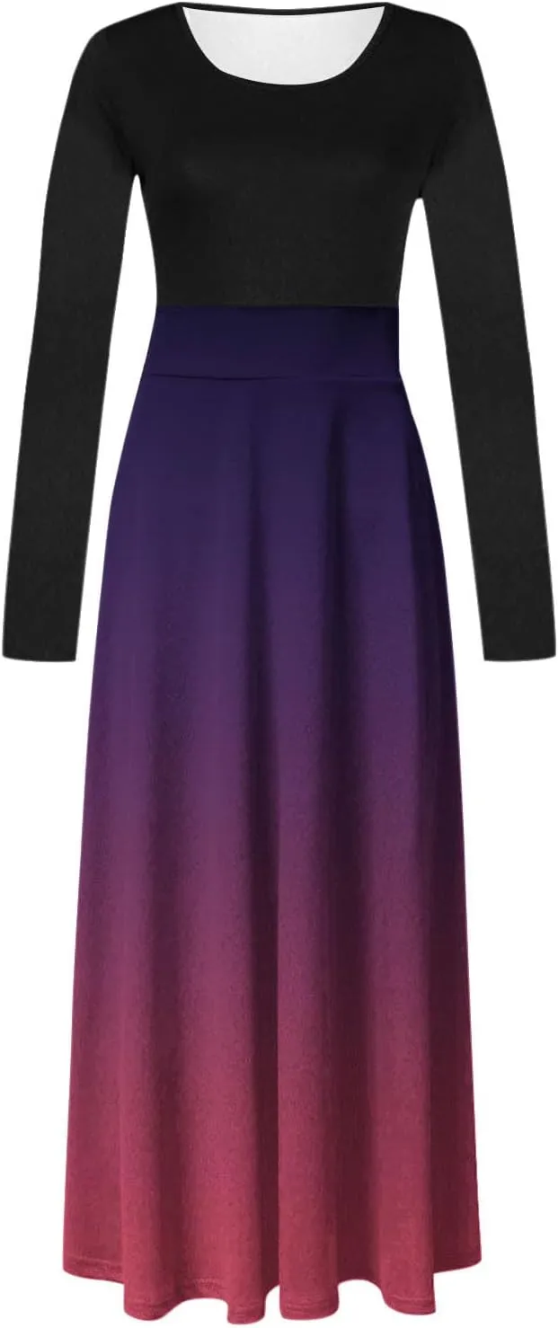 Dressy Dresses for Women Plus Size Long Sleeve Elastic Waist Crewneck Ruffle Maxi Dress Causal Gradient Color Dresses
