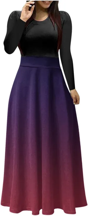 Dressy Dresses for Women Plus Size Long Sleeve Elastic Waist Crewneck Ruffle Maxi Dress Causal Gradient Color Dresses