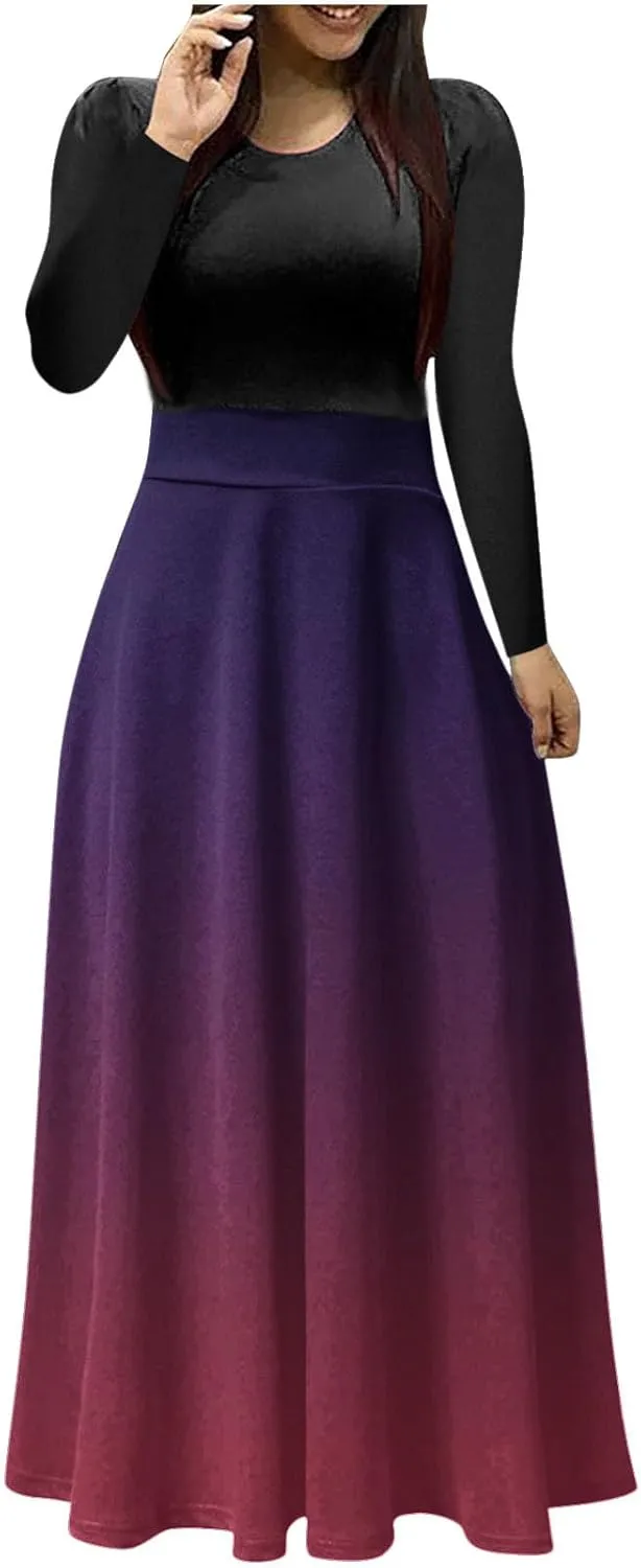 Dressy Dresses for Women Plus Size Long Sleeve Elastic Waist Crewneck Ruffle Maxi Dress Causal Gradient Color Dresses