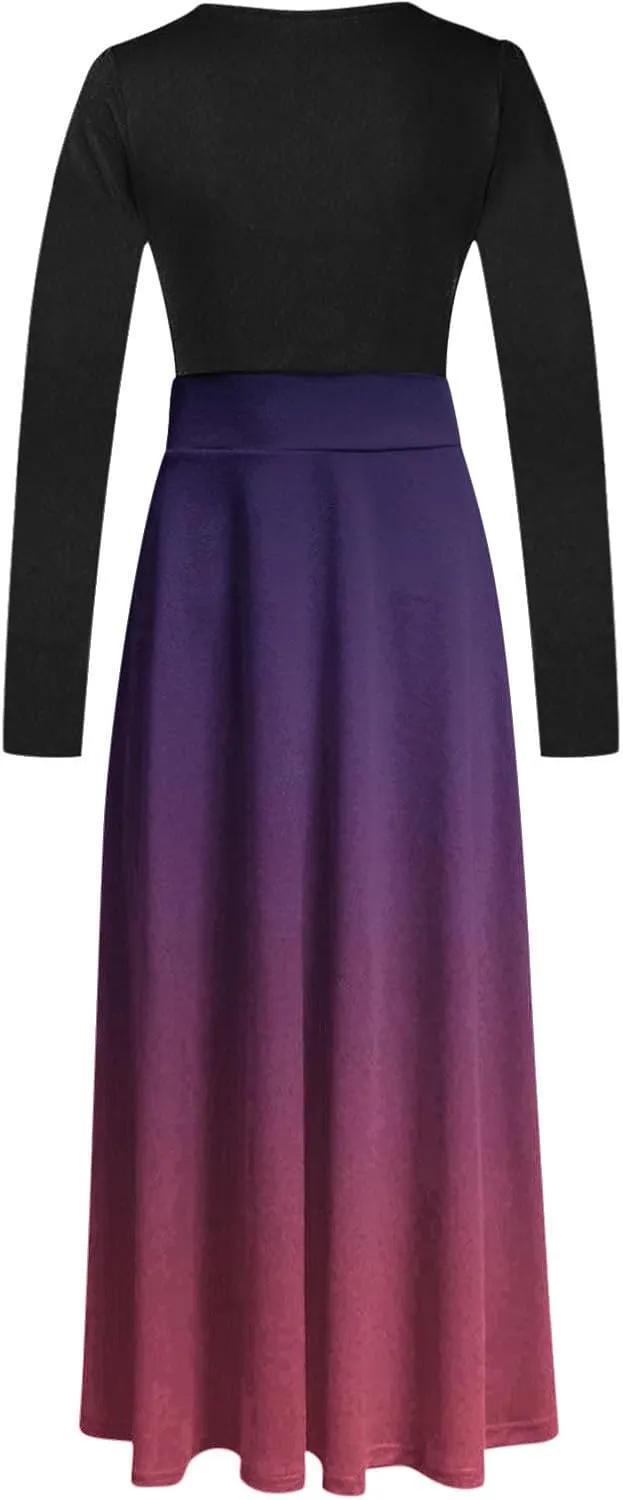 Dressy Dresses for Women Plus Size Long Sleeve Elastic Waist Crewneck Ruffle Maxi Dress Causal Gradient Color Dresses