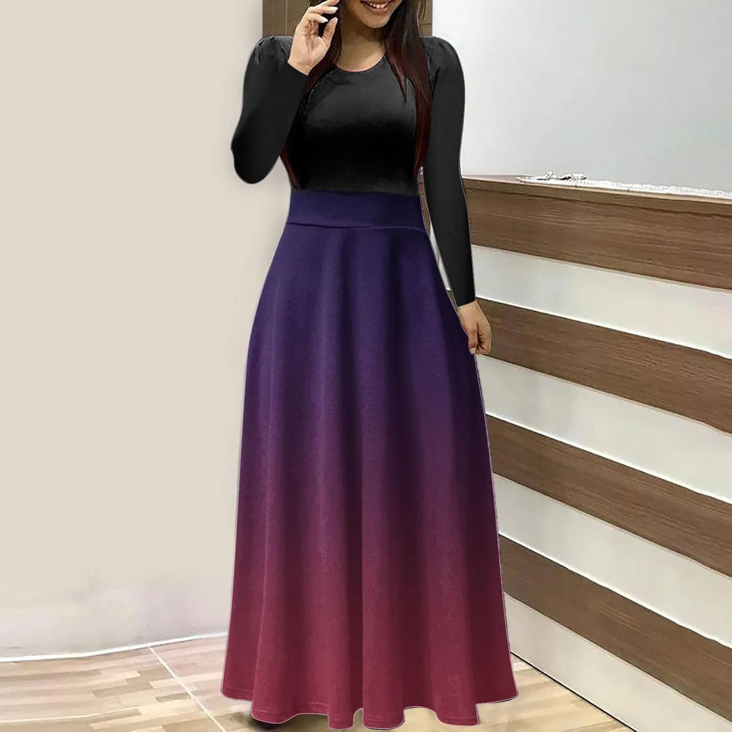 Dressy Dresses for Women Plus Size Long Sleeve Elastic Waist Crewneck Ruffle Maxi Dress Causal Gradient Color Dresses