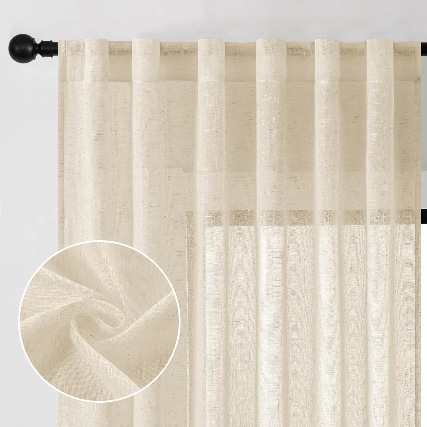 DWCN Linen Sheer Curtains 84 Inches Long, Rod Pocket & Back Tab Linen Texture Semi Sheer Window Covering, Light Airy Privacy Sheer Panels for Bedroom Living Room 52" W x 84" L, Beige, Set of 2