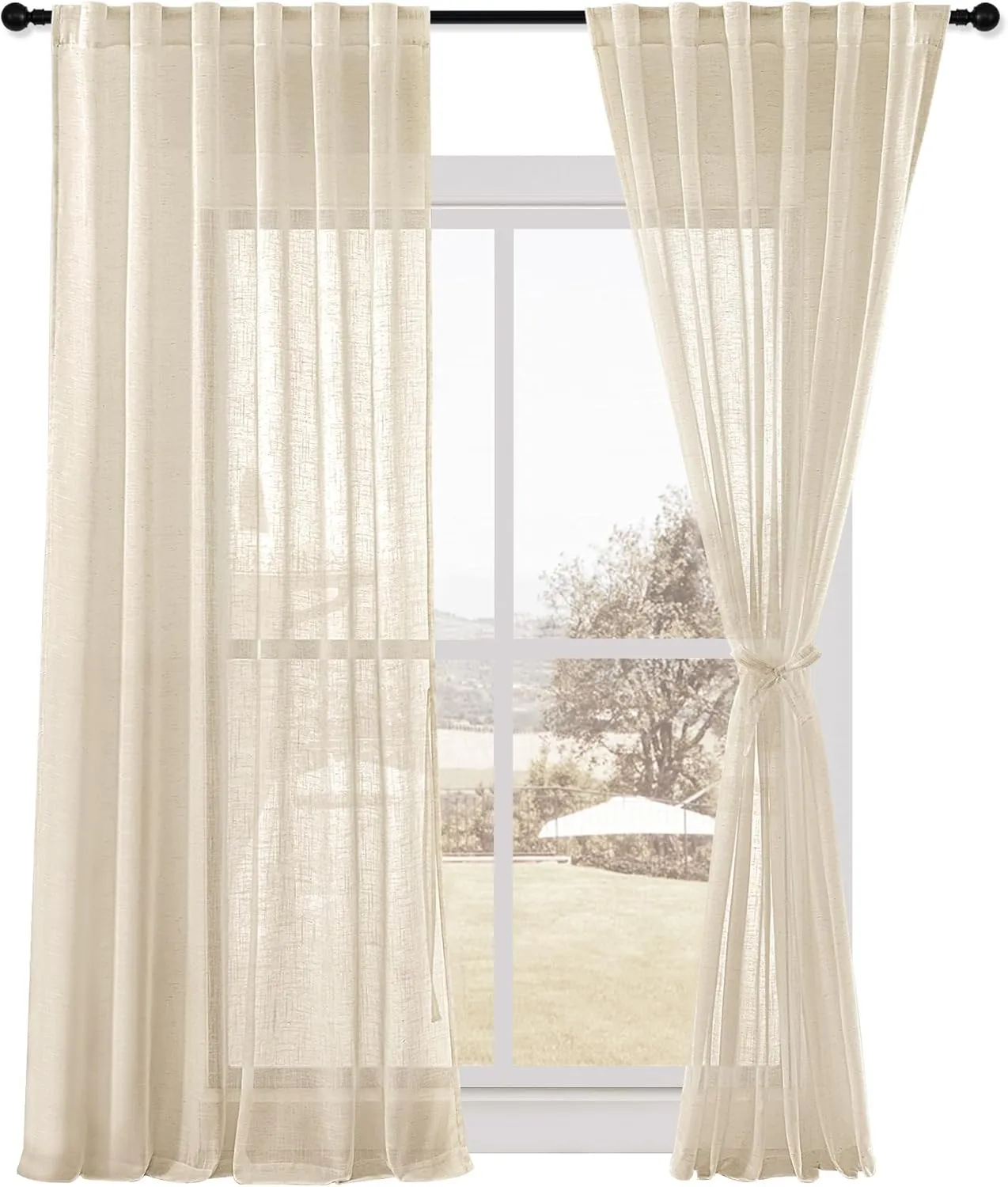 DWCN Linen Sheer Curtains 84 Inches Long, Rod Pocket & Back Tab Linen Texture Semi Sheer Window Covering, Light Airy Privacy Sheer Panels for Bedroom Living Room 52" W x 84" L, Beige, Set of 2