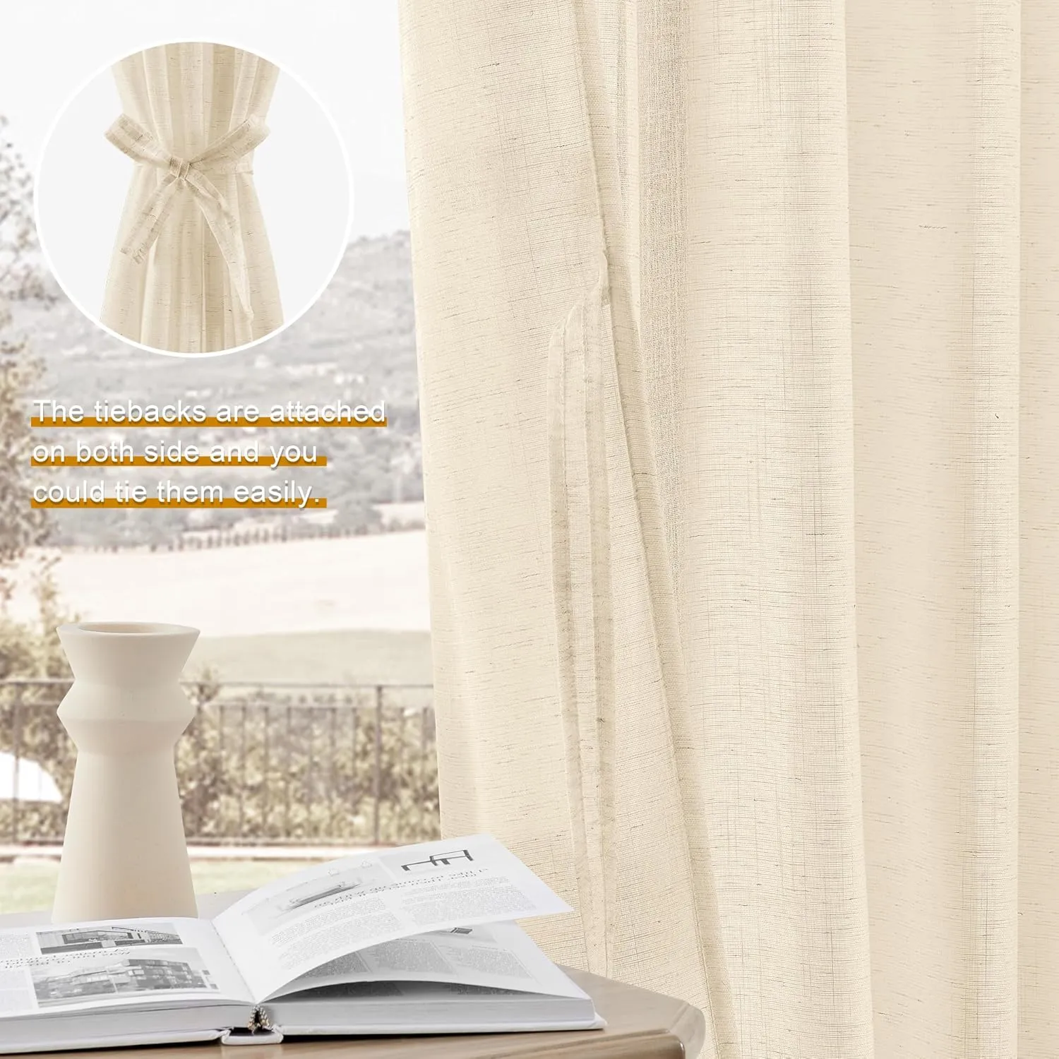 DWCN Linen Sheer Curtains 84 Inches Long, Rod Pocket & Back Tab Linen Texture Semi Sheer Window Covering, Light Airy Privacy Sheer Panels for Bedroom Living Room 52" W x 84" L, Beige, Set of 2