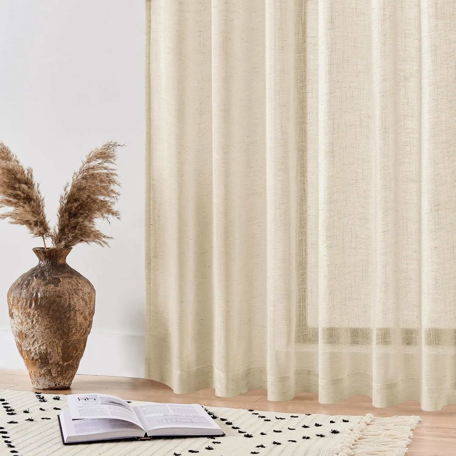 DWCN Linen Sheer Curtains 84 Inches Long, Rod Pocket & Back Tab Linen Texture Semi Sheer Window Covering, Light Airy Privacy Sheer Panels for Bedroom Living Room 52" W x 84" L, Beige, Set of 2