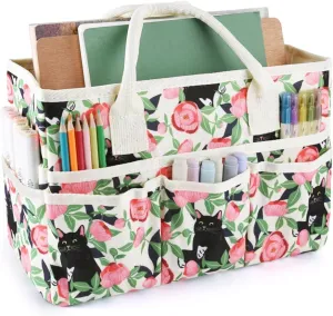 E-WEICHEN Craft Organizer Tote Bag Art Storage Caddy with Multiple Pockets Containers for Art,Craft,and Office Supplies Storage.Rose Cat