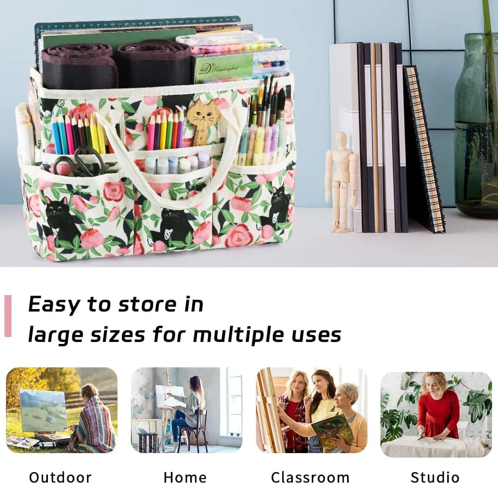 E-WEICHEN Craft Organizer Tote Bag Art Storage Caddy with Multiple Pockets Containers for Art,Craft,and Office Supplies Storage.Rose Cat