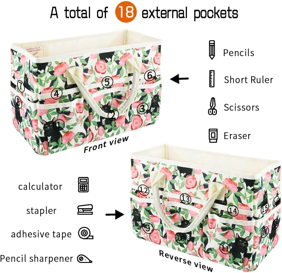 E-WEICHEN Craft Organizer Tote Bag Art Storage Caddy with Multiple Pockets Containers for Art,Craft,and Office Supplies Storage.Rose Cat