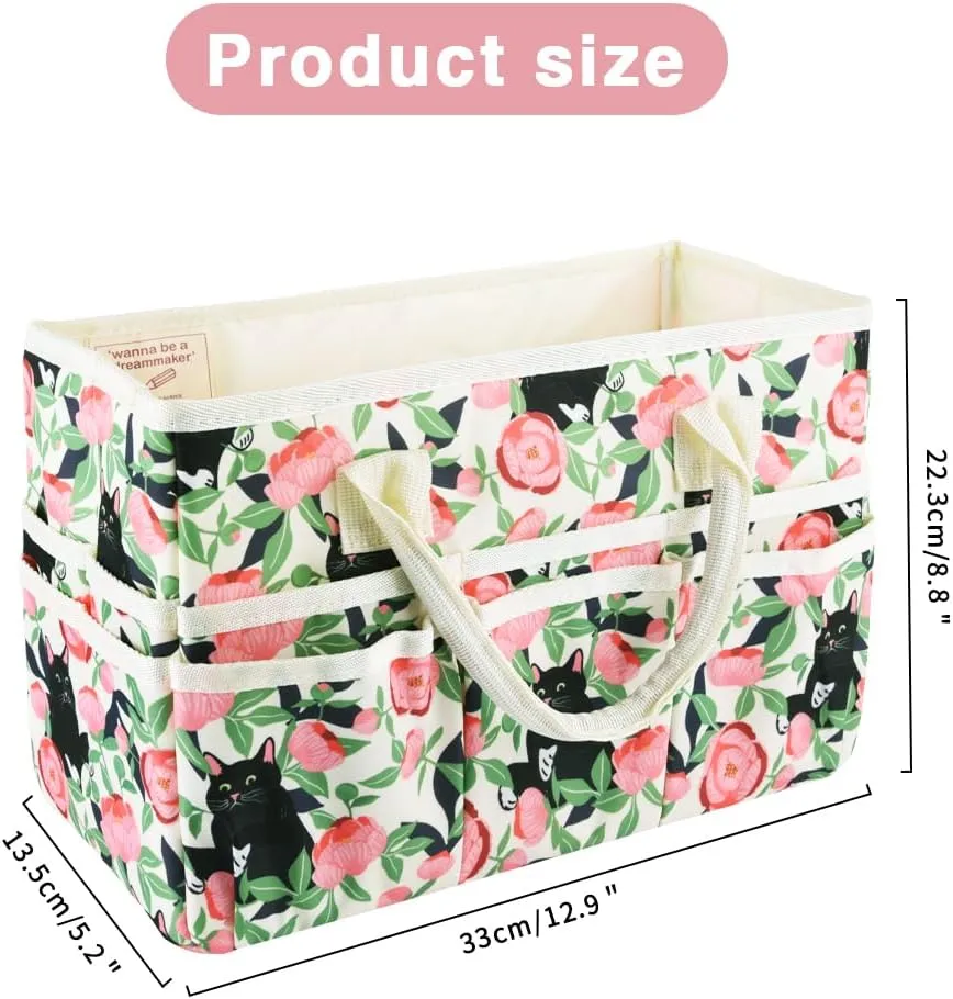 E-WEICHEN Craft Organizer Tote Bag Art Storage Caddy with Multiple Pockets Containers for Art,Craft,and Office Supplies Storage.Rose Cat