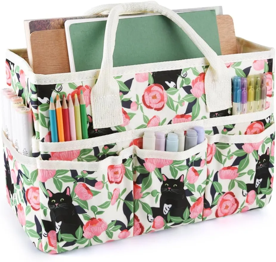 E-WEICHEN Craft Organizer Tote Bag Art Storage Caddy with Multiple Pockets Containers for Art,Craft,and Office Supplies Storage.Rose Cat