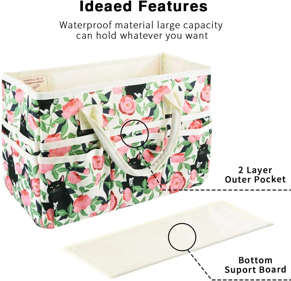 E-WEICHEN Craft Organizer Tote Bag Art Storage Caddy with Multiple Pockets Containers for Art,Craft,and Office Supplies Storage.Rose Cat