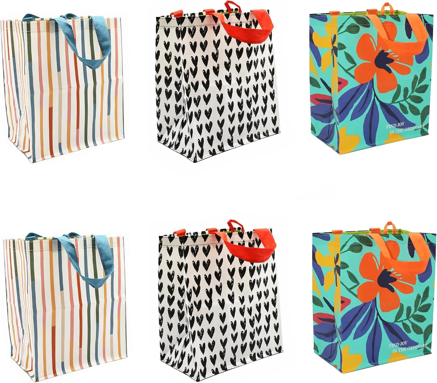 Earthwise Reusable Grocery Shopping Bags Extremely Durable Multi Use Large Stylish Fun Foldable Water-Resistant Totes in Spring Flowers (2 of each Print- 6 bags)