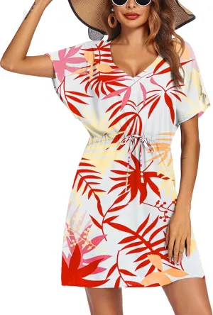 Ekouaer Womens Swimsuit Coverup Short Sleeve Beach Cover Up Dress V Neck Bikini Beachwear