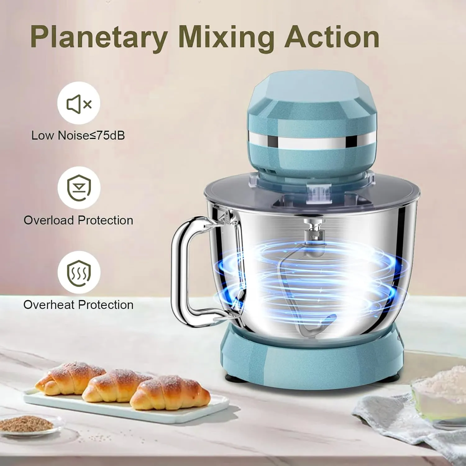 Electric Stand Mixer with 6.5 Quart Bowl, Household Food Mixer 10 p Speeds 660W, Kitchen Tilt-Head Bread Dough and Cake Mixers with Dough Hook, Whisk, Beater, Splash Guard and Egg Separator (Blue)
