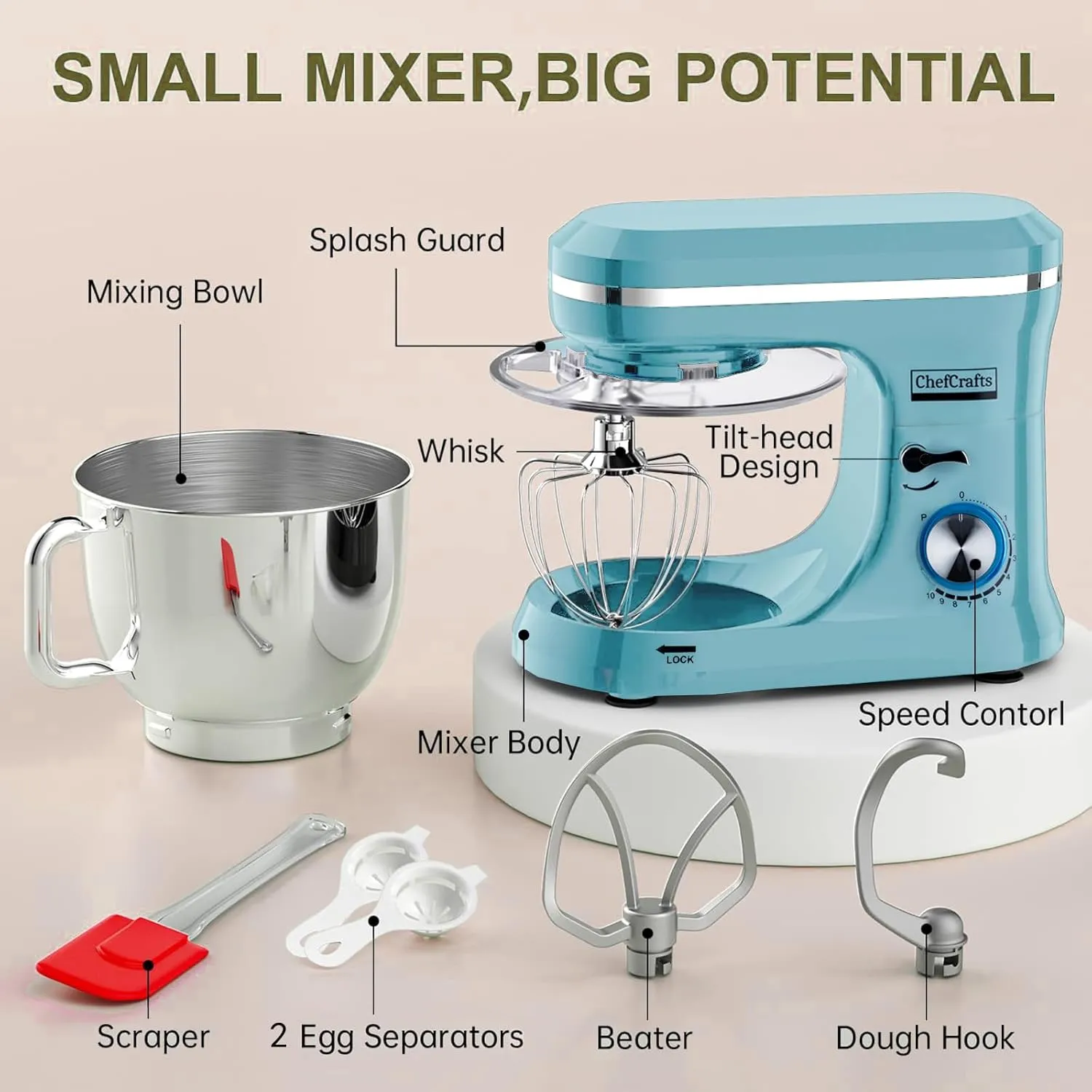 Electric Stand Mixer with 6.5 Quart Bowl, Household Food Mixer 10 p Speeds 660W, Kitchen Tilt-Head Bread Dough and Cake Mixers with Dough Hook, Whisk, Beater, Splash Guard and Egg Separator (Blue)