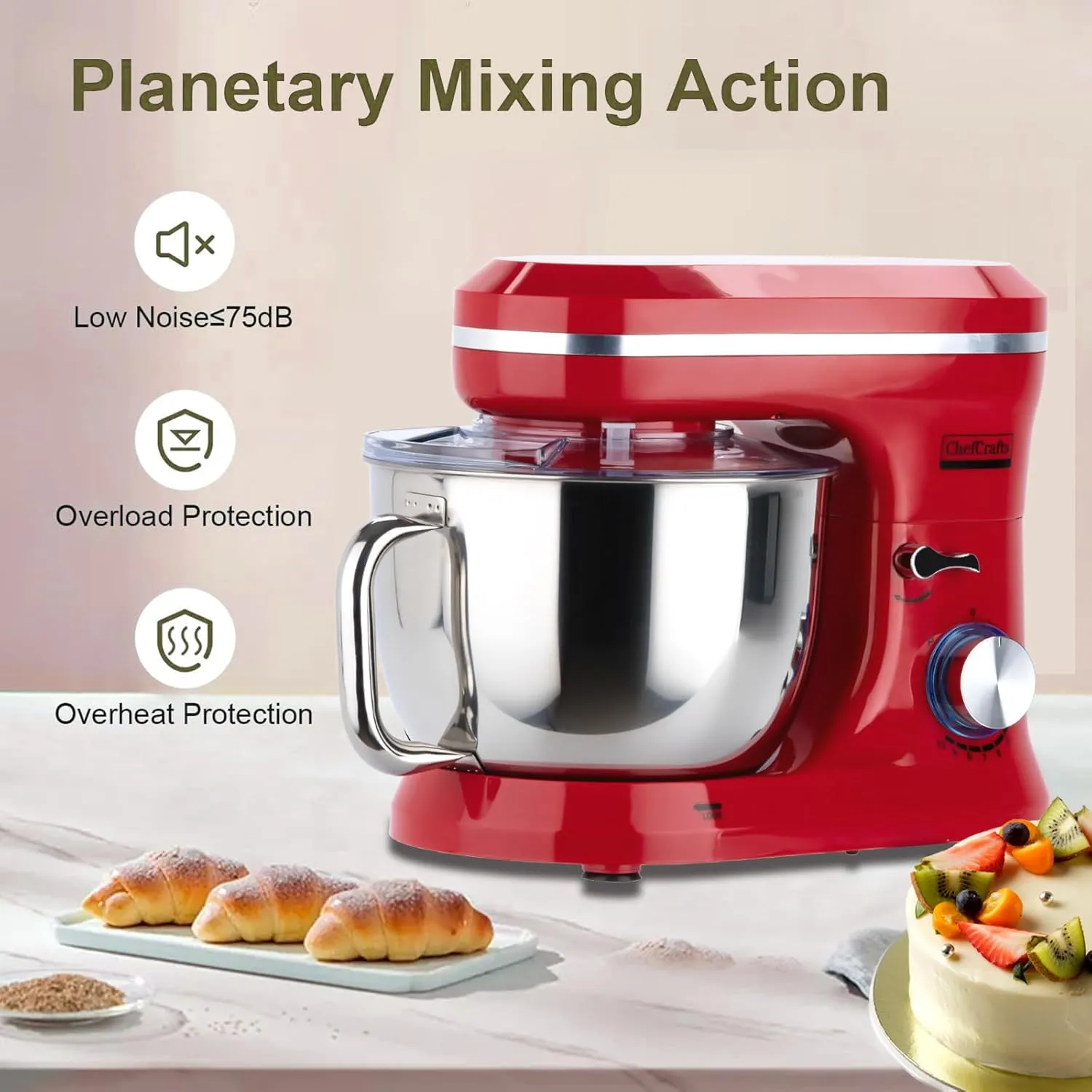 Electric Stand Mixer with 6.5 Quart Bowl, Household Food Mixer 10 p Speeds 660W, Kitchen Tilt-Head Bread Dough and Cake Mixers with Dough Hook, Whisk, Beater, Splash Guard and Egg Separator (Red)