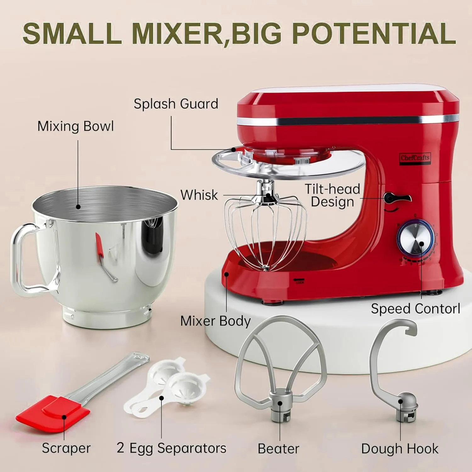 Electric Stand Mixer with 6.5 Quart Bowl, Household Food Mixer 10 p Speeds 660W, Kitchen Tilt-Head Bread Dough and Cake Mixers with Dough Hook, Whisk, Beater, Splash Guard and Egg Separator (Red)