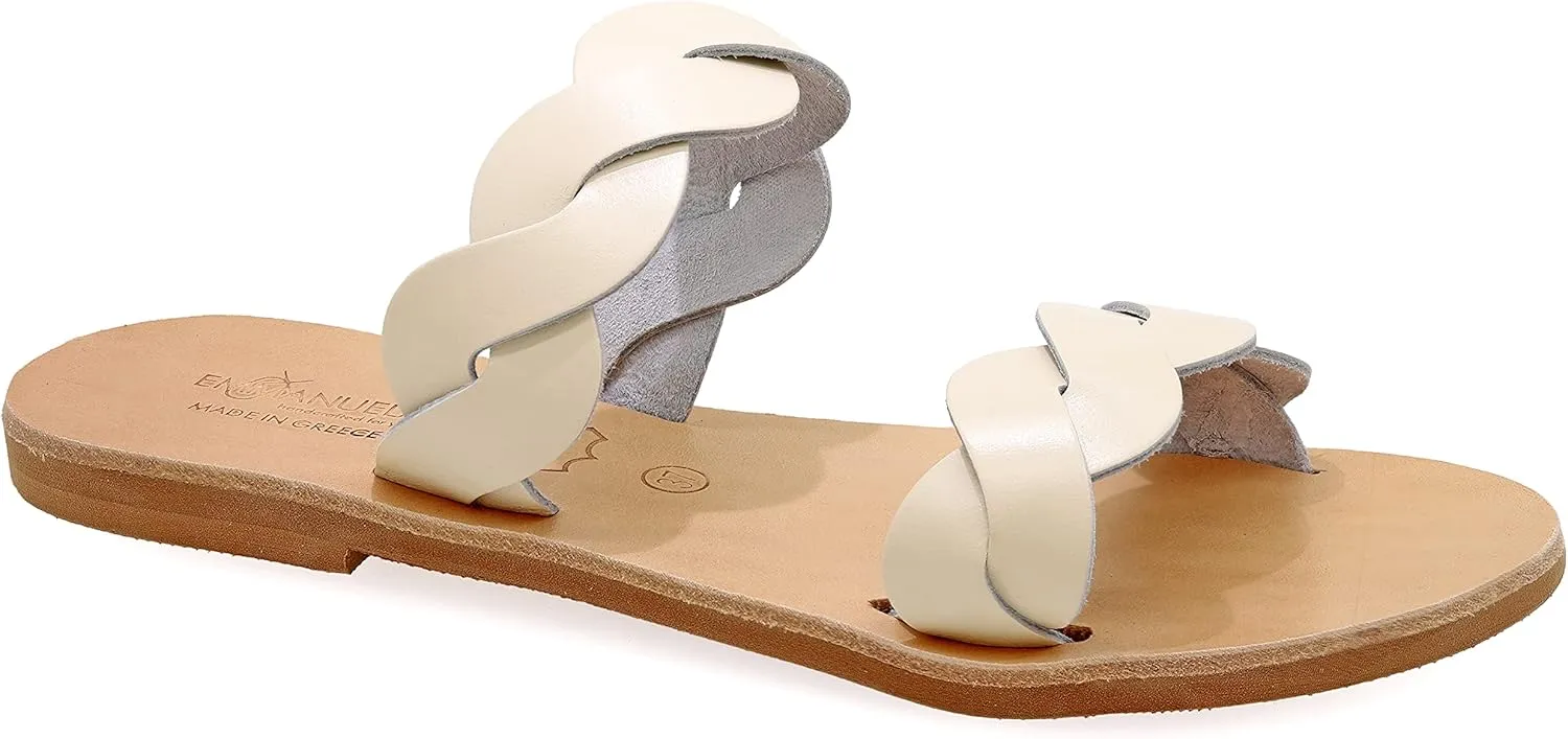 Emmanuela Ancient Greek Handmade Leather Flat Sandals with braided straps, Quality Slide on Summer Shoes for Women, Open Toe Sliders, Boho Chic Mules White Rose Gold Yellow