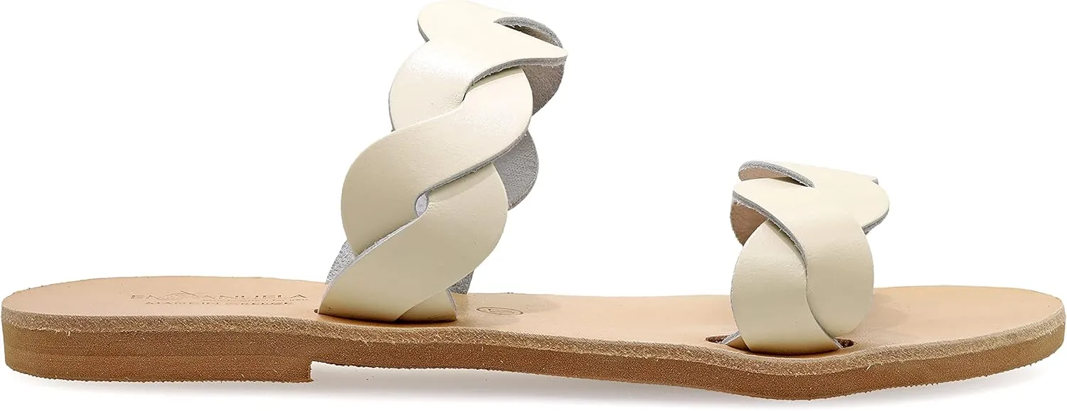 Emmanuela Ancient Greek Handmade Leather Flat Sandals with braided straps, Quality Slide on Summer Shoes for Women, Open Toe Sliders, Boho Chic Mules White Rose Gold Yellow