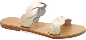 Emmanuela Ancient Greek Handmade Leather Flat Sandals with braided straps, Quality Slide on Summer Shoes for Women, Open Toe Sliders, Boho Chic Mules White Rose Gold Yellow