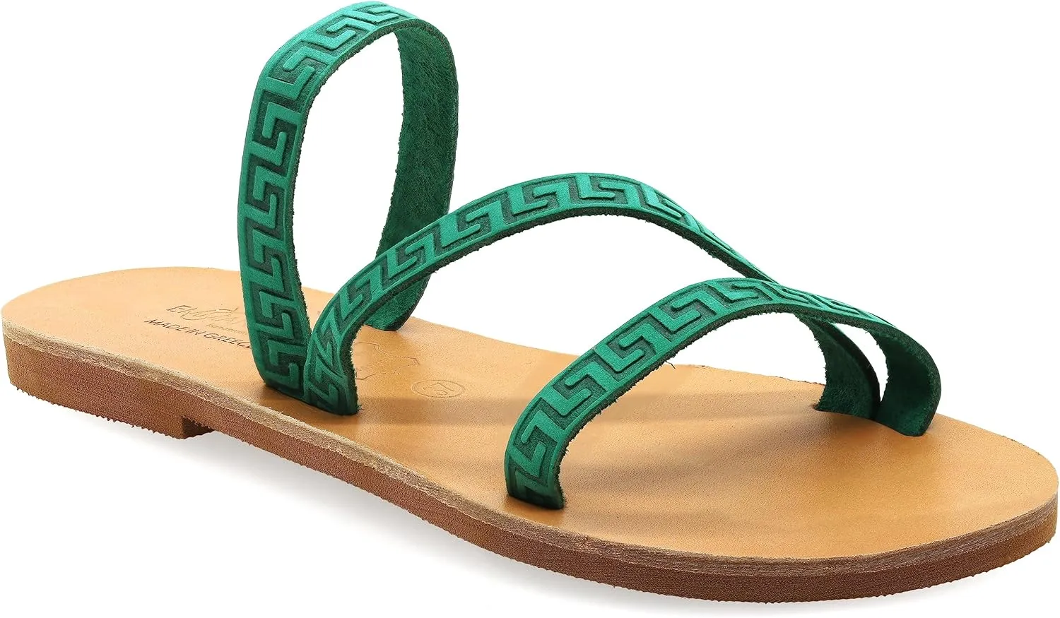 Emmanuela Ancient Greek Handmade Leather Flat Sandals with Meanders, Quality Slide on Strappy Summer Shoes for Women, Open Toe Sliders, Boho Chic Mules